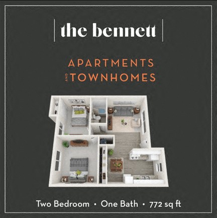 Floor plan for 2 beds, 1 bath, 772 sqft